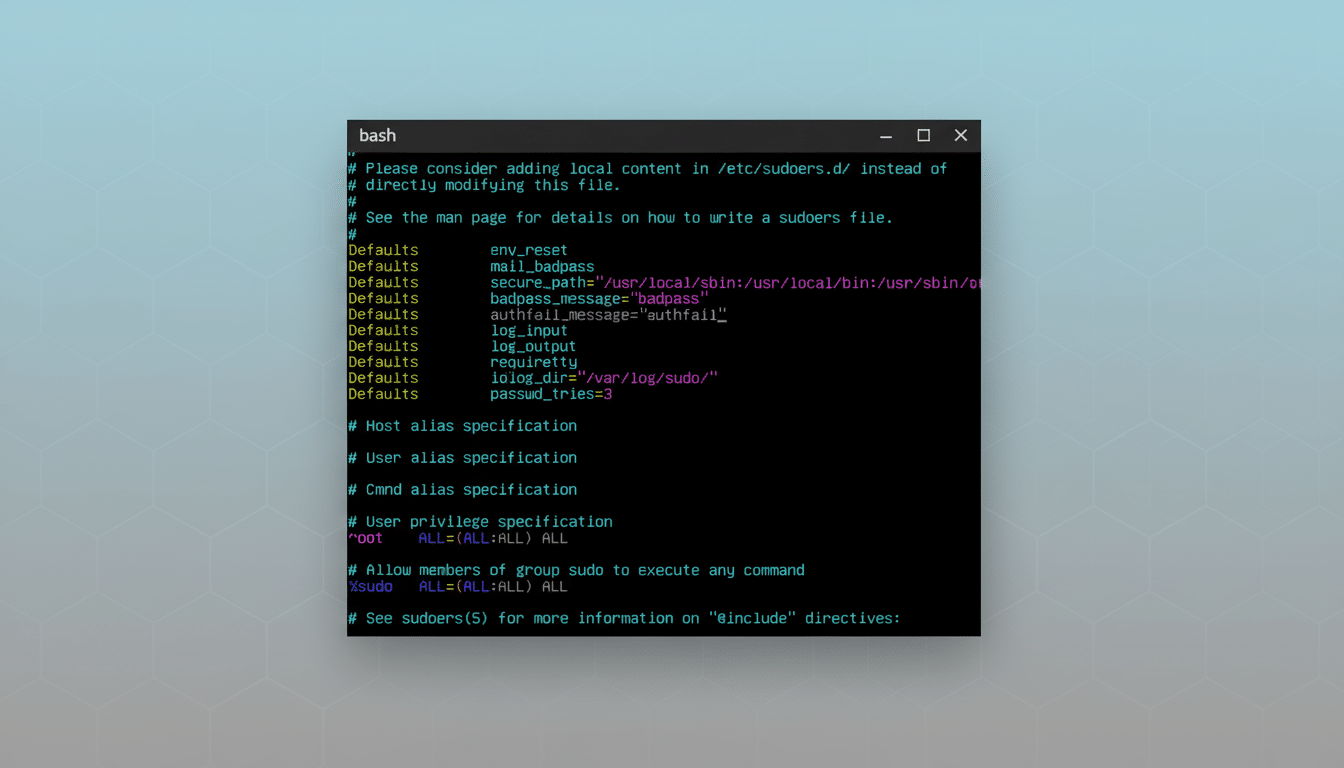 A professional screenshot of a Bash terminal window displaying the sudoers file with various default settings and privilege specifications. The termin