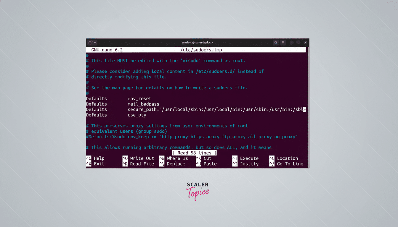 A terminal window displaying the contents of a `sudoers. tmp` file being edited with `nano 6.2 `. The commands for nano are visible at the bottom of t