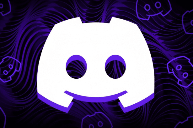 The Discord logo in white and purple on a dark purple background with a wavy pattern and smaller, faded Discord logos.