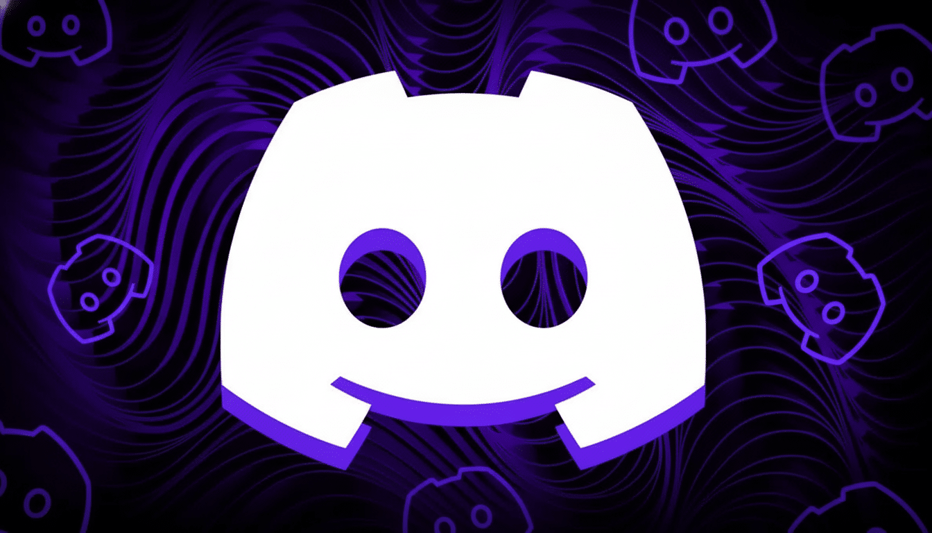 The Discord logo in white and purple on a dark purple background with a wavy pattern and smaller, faded Discord logos.