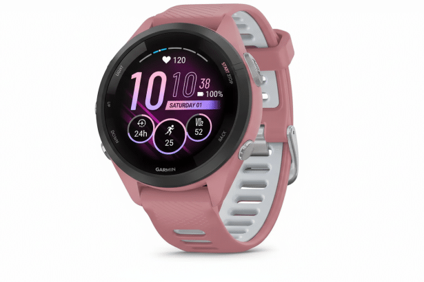 A professional shot of a pink Garmin smartwatch with a dark display showing time, heart rate, and activity metrics, set against a clean white background.