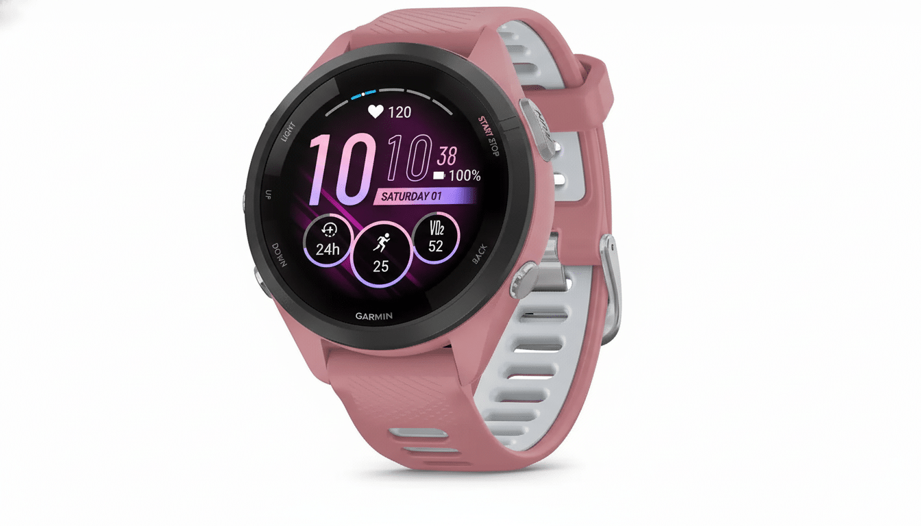 A professional shot of a pink Garmin smartwatch with a dark display showing time, heart rate, and activity metrics, set against a clean white background.