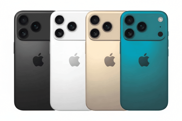 Four iPhones in black, white, gold, and teal, showcasing their backs with the Apple logo and camera array, presented on a white background.