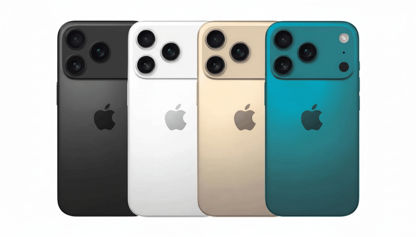 Four iPhones in black, white, gold, and teal, showcasing their backs with the Apple logo and camera array, presented on a white background.