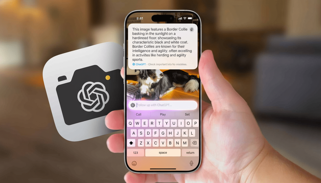 A hand holds a smartphone displaying a ChatGPT conversation about a Border Collie, with a camera app icon overlaid on the left.