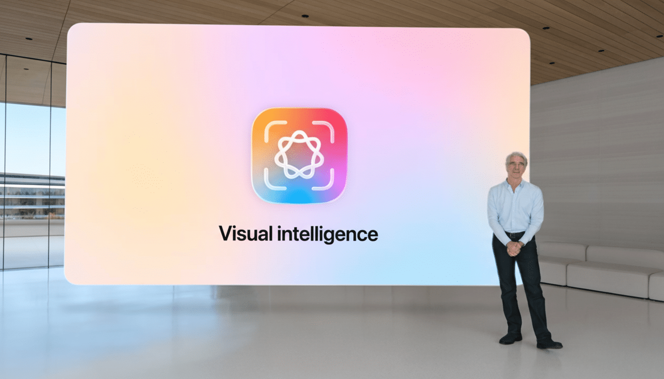 A man stands in front of a large screen displaying Visual intelligence and an icon.