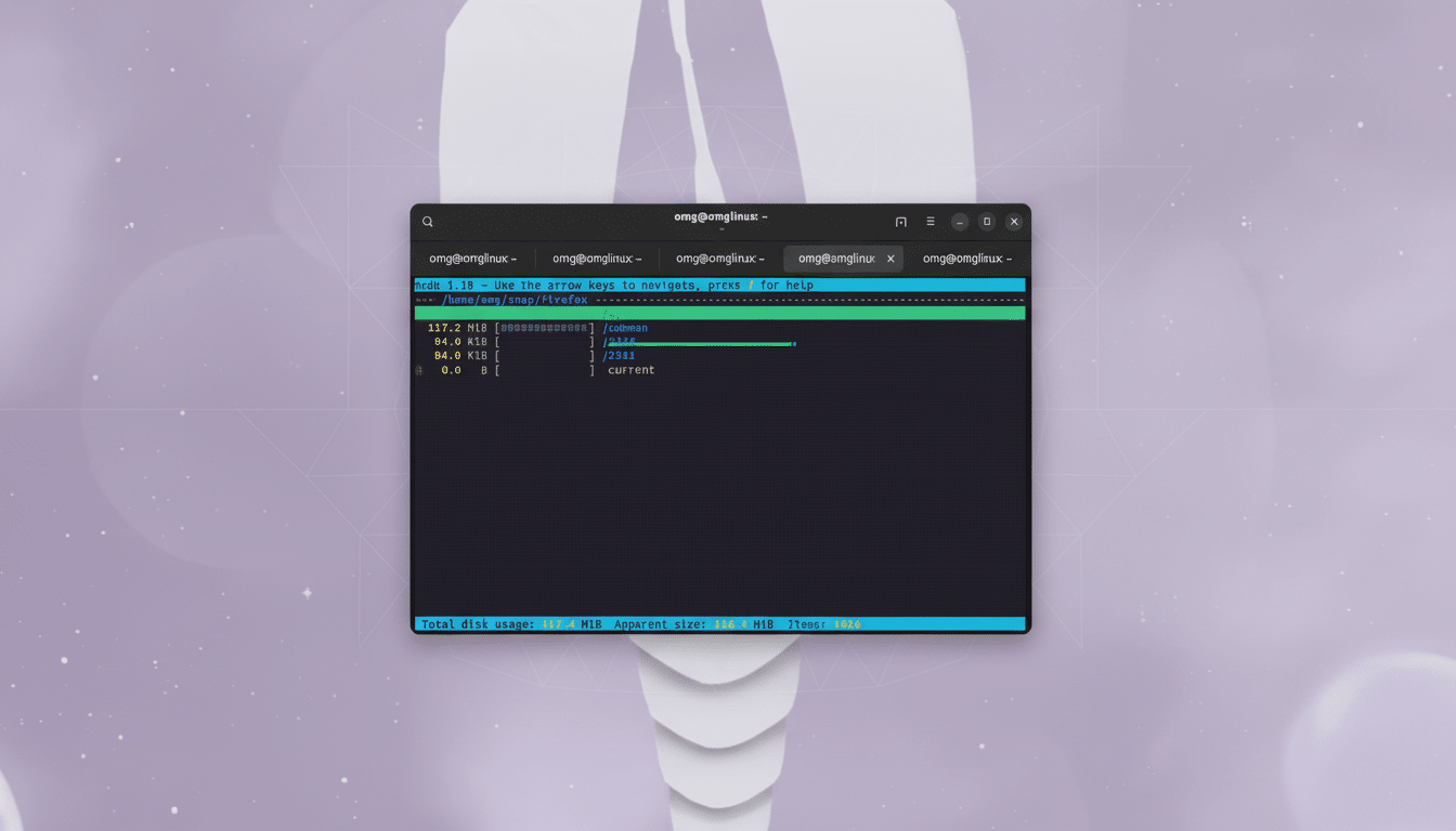 A terminal window showing disk usage for Firefox, with the background adjusted to a soft, geometric pattern in purple and white tones.