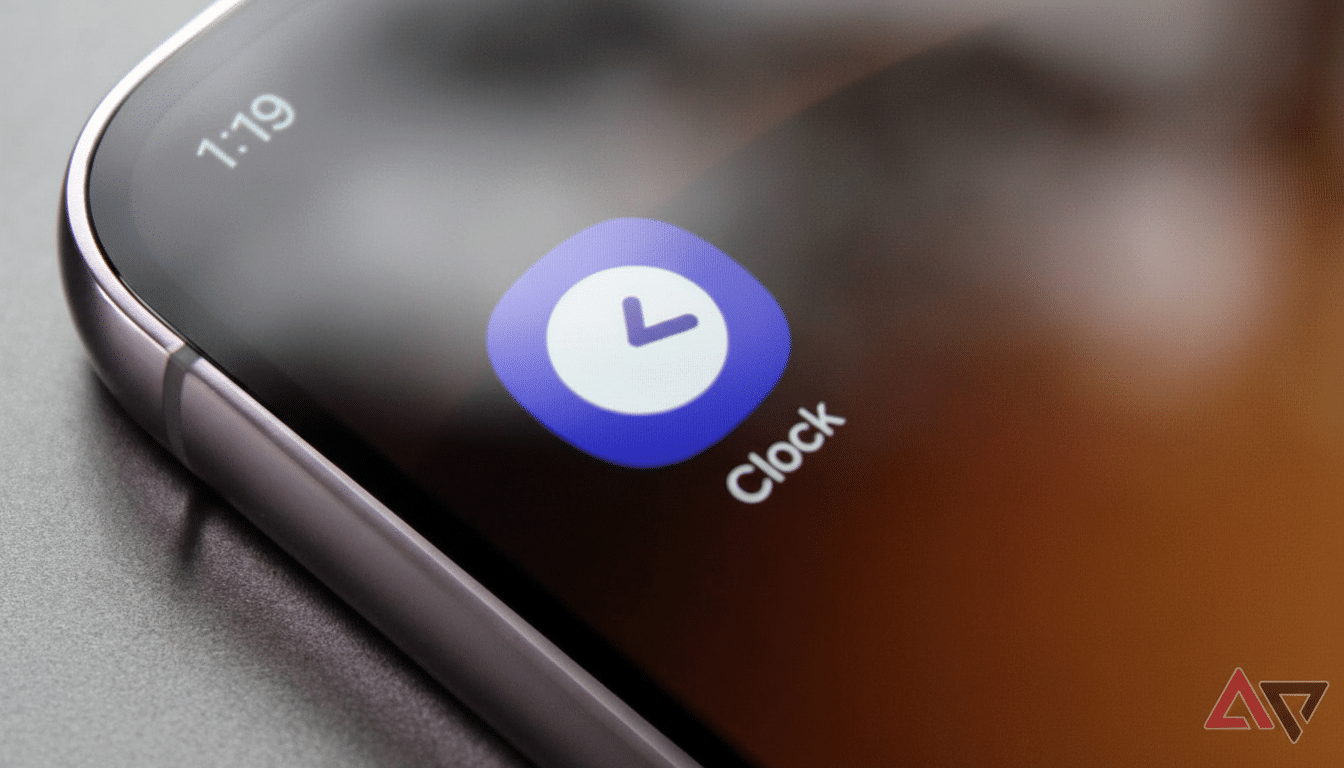lt Text : A close- up shot of a smartphone screen displaying the  Clock app icon , which is a blue