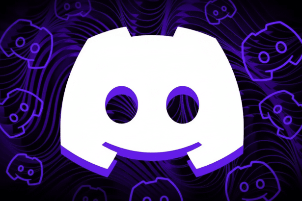 The Discord logo in white and purple on a dark purple background with a wavy pattern and smaller, outlined Discord logos.