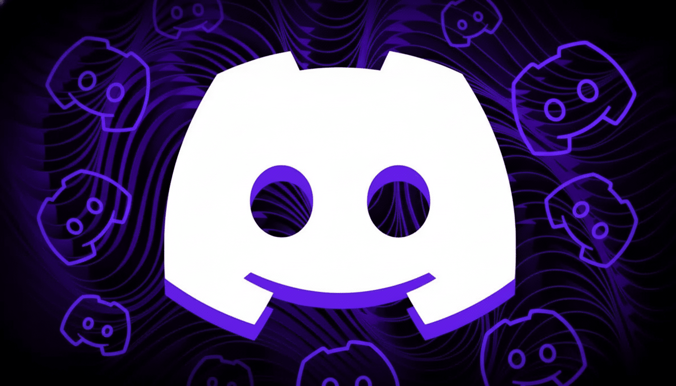 The Discord logo in white and purple on a dark purple background with a wavy pattern and smaller, outlined Discord logos.