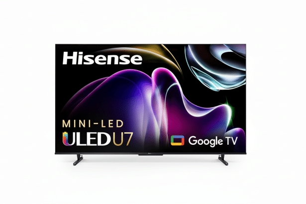 A professional , enhanced image of a Hisense Mini -LED ULED U 7 television with Google TV, set against a clean white background. The screen displays vibrant abstract art .