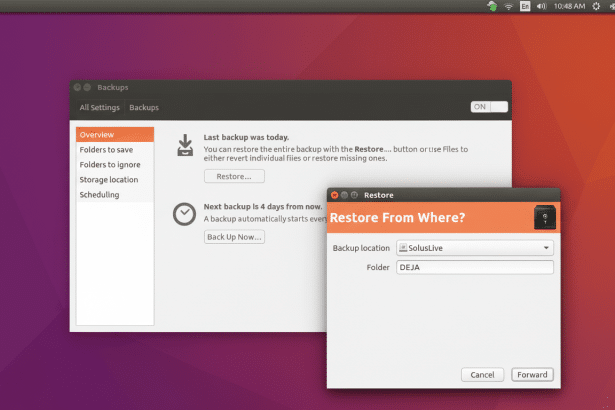 Screenshot of the Ubuntu desktop with the ' Backups' application open, showing the overview screen and a 'Restore From Where?' dialog.