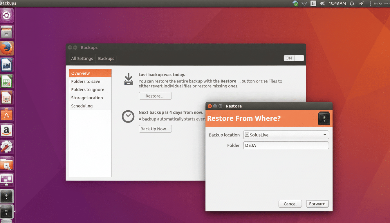 Screenshot of the Ubuntu desktop with the ' Backups' application open, showing the overview screen and a 'Restore From Where?' dialog.
