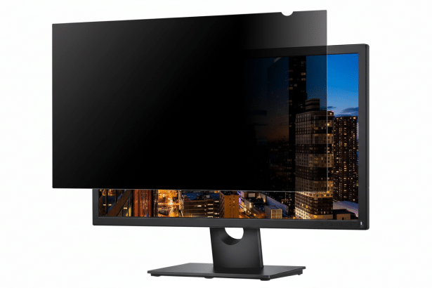 A computer monitor with a privacy screen partially applied, showing a city skyline wallpaper with both obscured and visible sections .