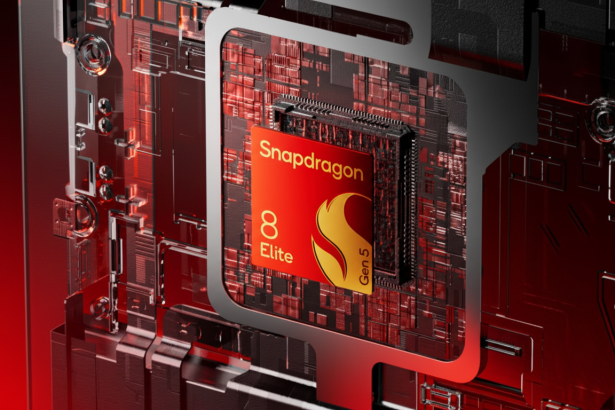A close -up view of the red Snapdragon 8 Elite Gen 5 processor chip embedded within a circuit board .