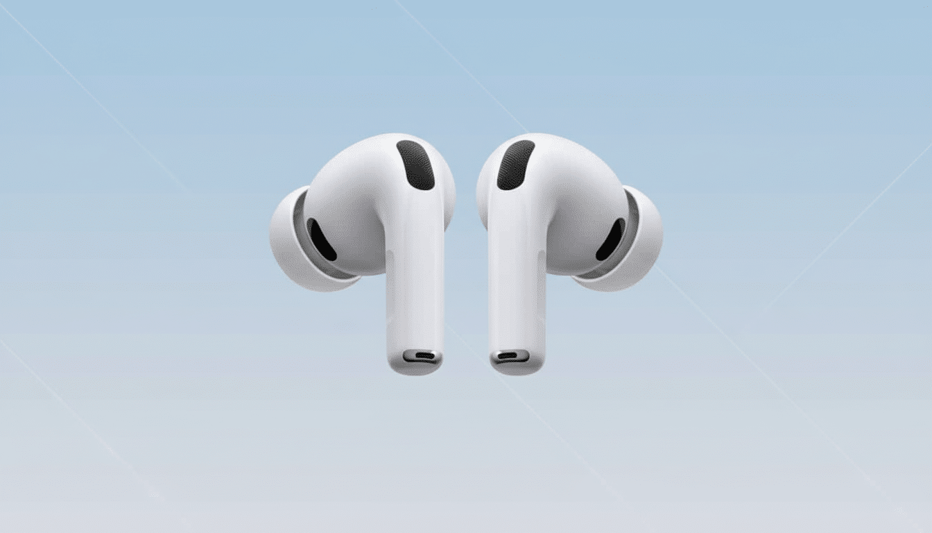 A pair of white wireless earbuds with a soft blue gradient background and subtle geometric patterns.