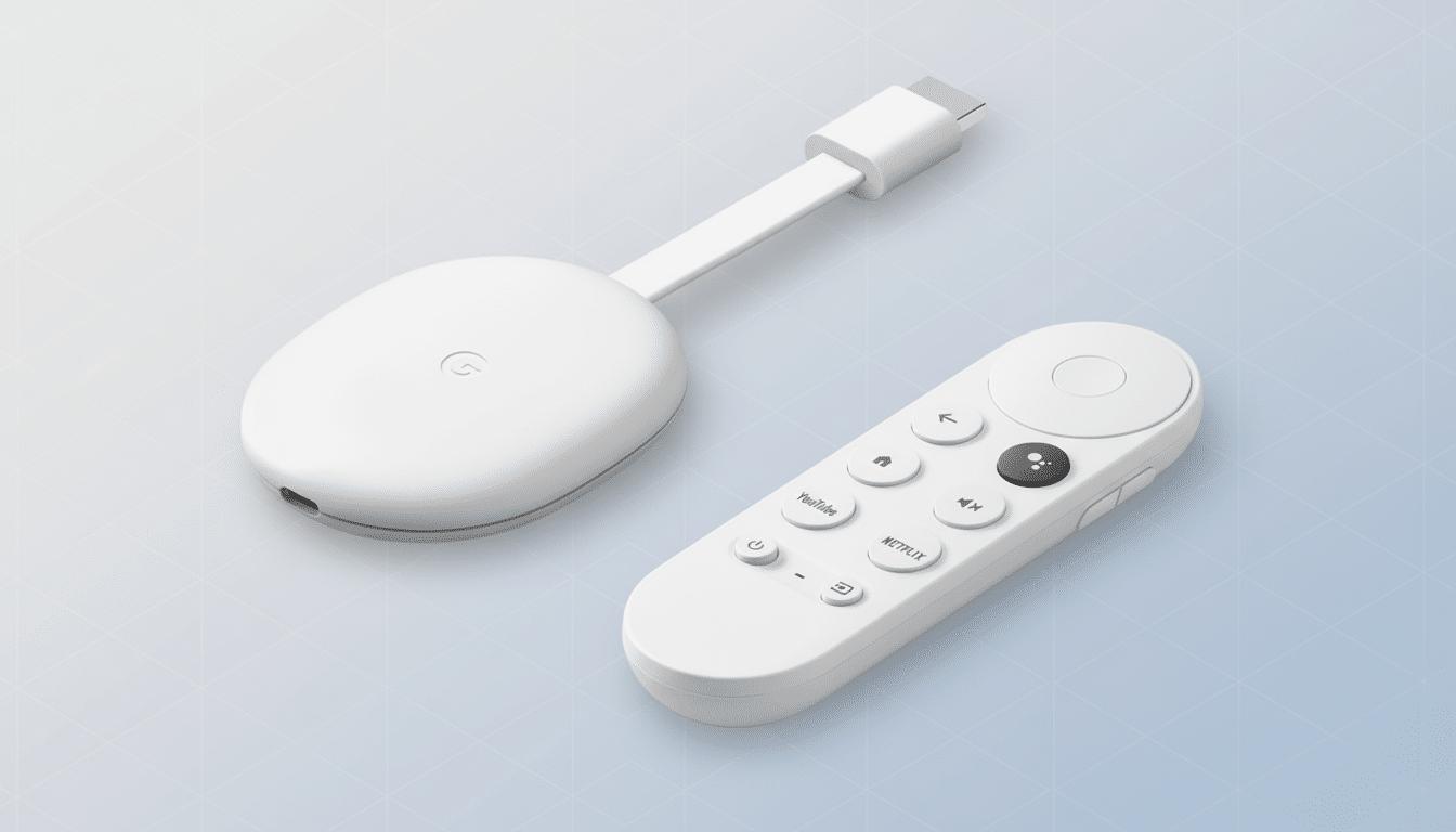 A white Google Chromecast with Google TV device and its matching remote control , professionally presented on a subtle light blue gradient background with soft patterns , maintaining a clean and professional aesthetic .