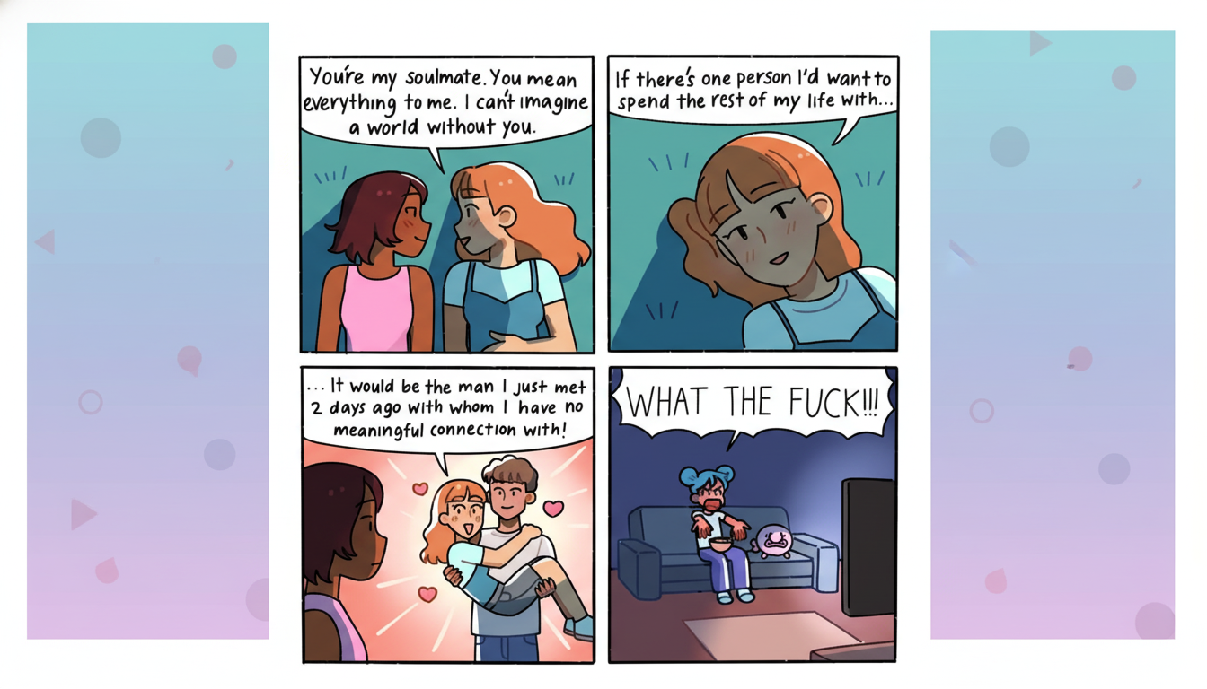 A four-panel comic strip. In the first panel, two women are talking, one saying, Youre my soulmate. You mean everything to me. I cant imagine a world without you. In the second panel, the other woman thinks, If theres one person Id want to spend the rest of my life with... The third panel shows the woman being carried by a man, saying, ...It would be the man I just met 2 days ago with whom I have no meaningful connection with! The fourth panel shows the first woman sitting on a couch, looking angry and yelling, WHAT THE FUCK!!!