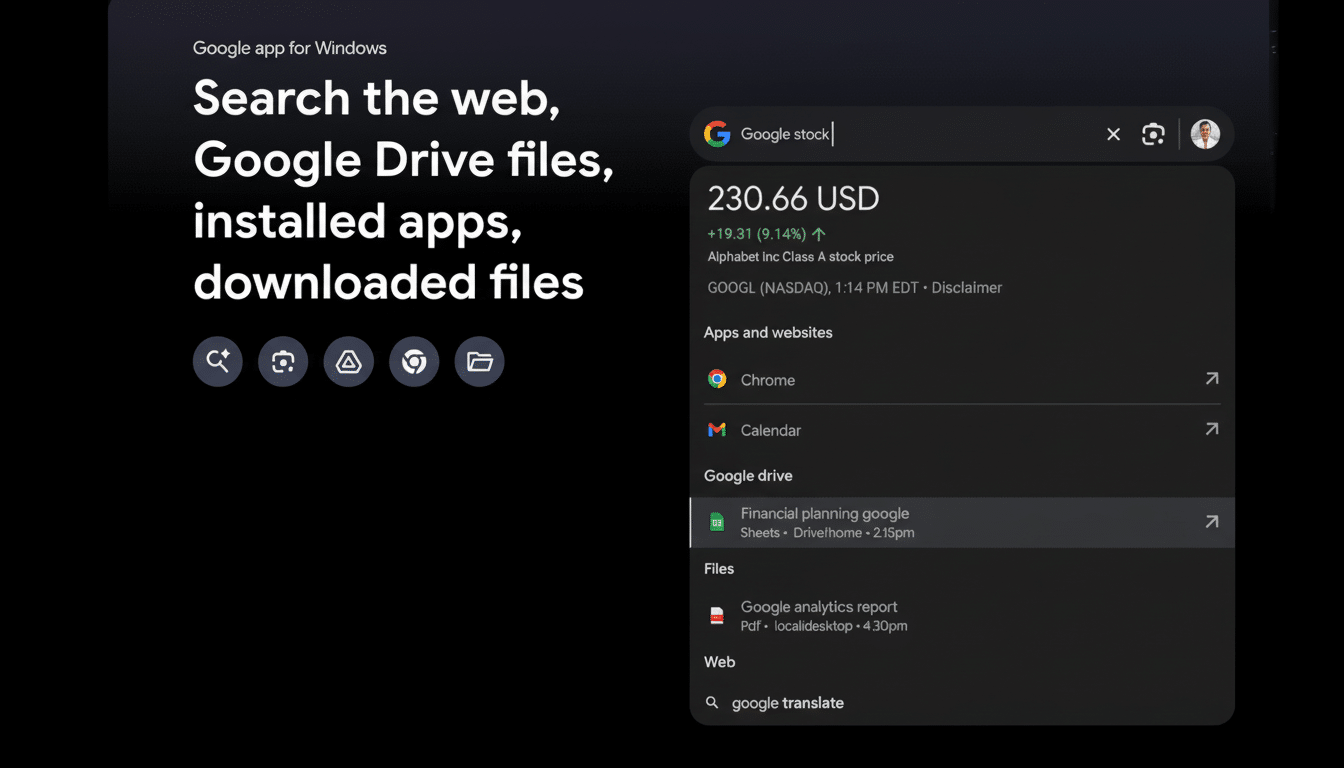 A screenshot of the Google app for Windows, showing a search for Google stock and displaying results for stock price , apps , Google Drive files, and web searches . The interface is dark mode with text on the left detailing the app's capabilities : Search the web , Google Drive files , installed apps, downloaded files.