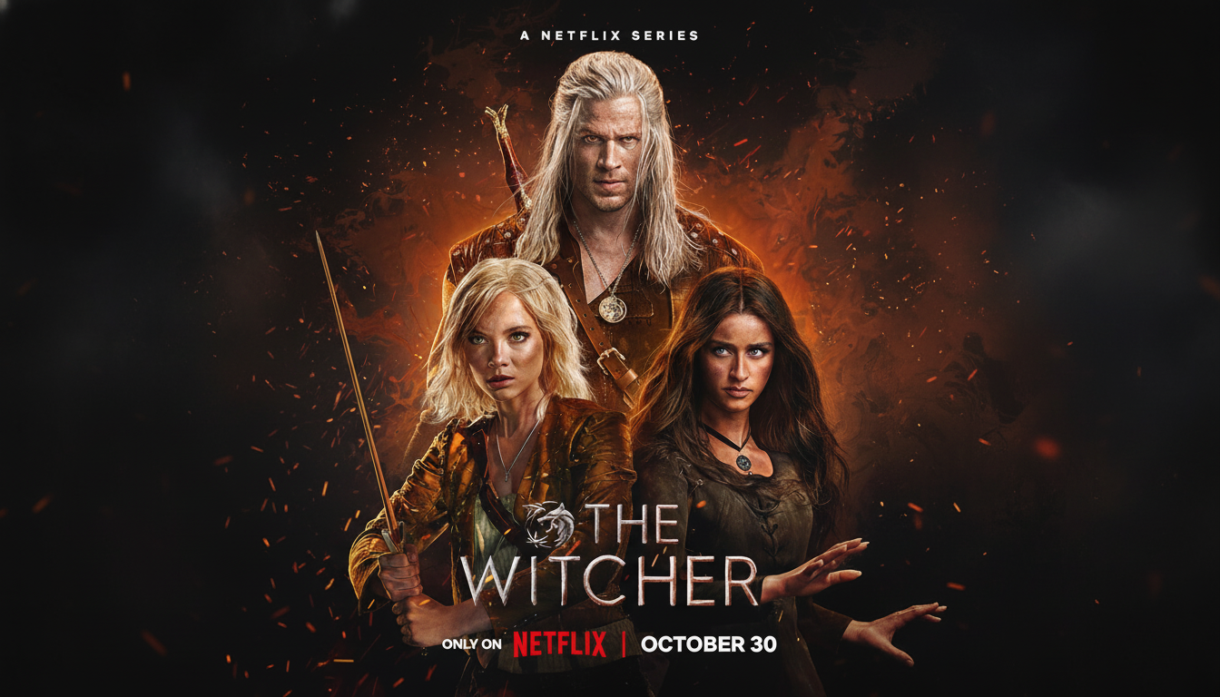 A promotional poster for The Witcher series, featuring Geralt of Rivia, Ciri, and Yennefer of Vengerberg against a fiery, dark background.