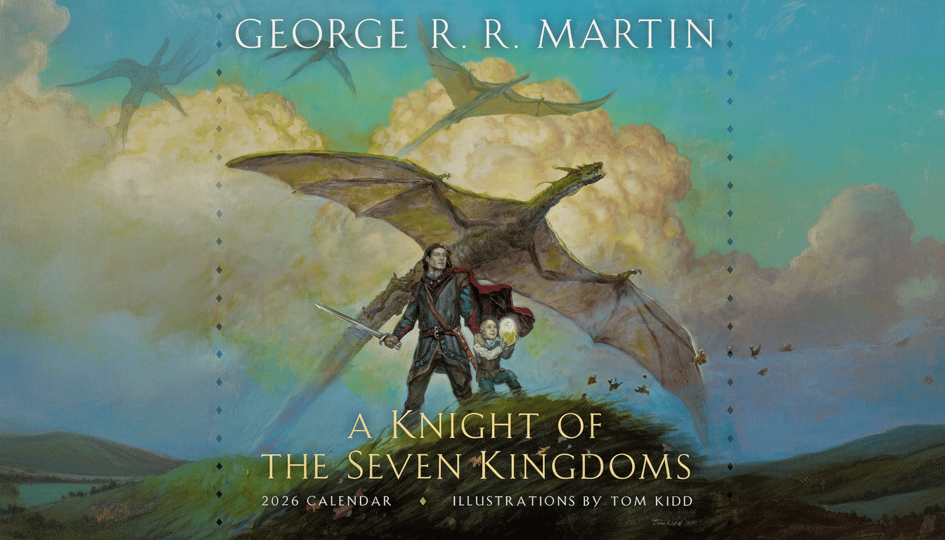 Cover art for A Knight of the Seven Kingdoms 2026 calendar, featuring a knight with a sword , a young boy , and a large dragon flying behind them, with smaller dragons in the sky . Filename : a knightof theseven kingdoms calendar cover.png