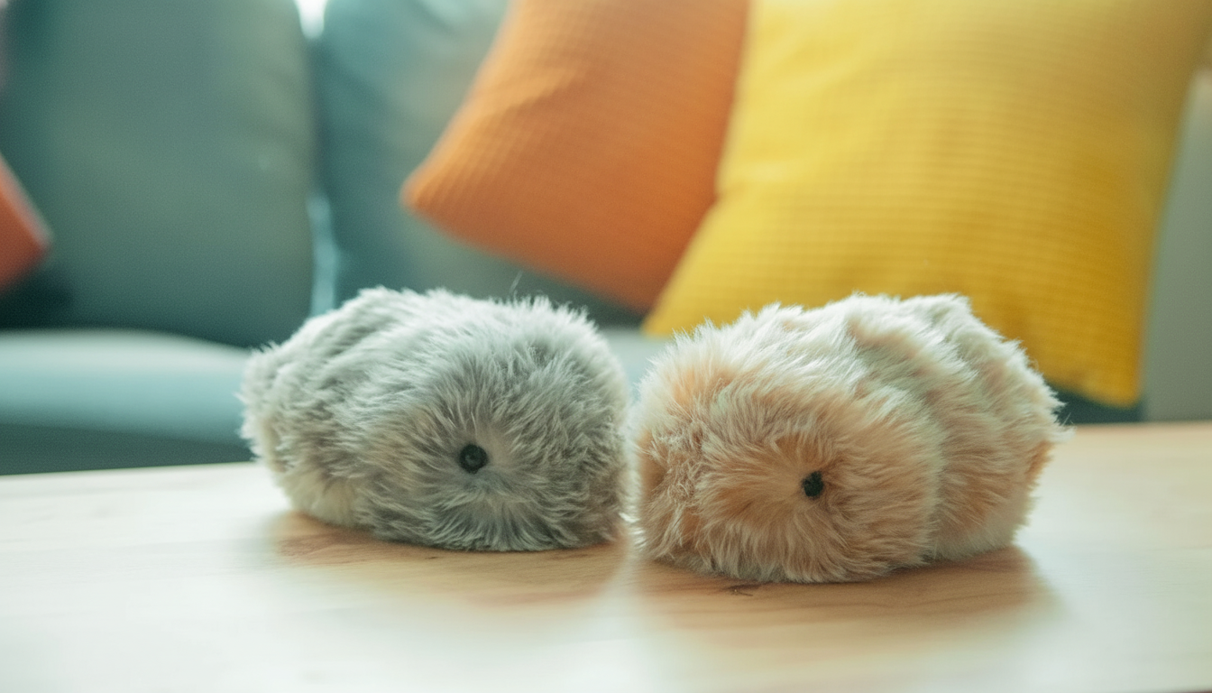 Two furry , robotic pets, one gray and one light brown , resting on a wooden table with soft focus pillows in the background.