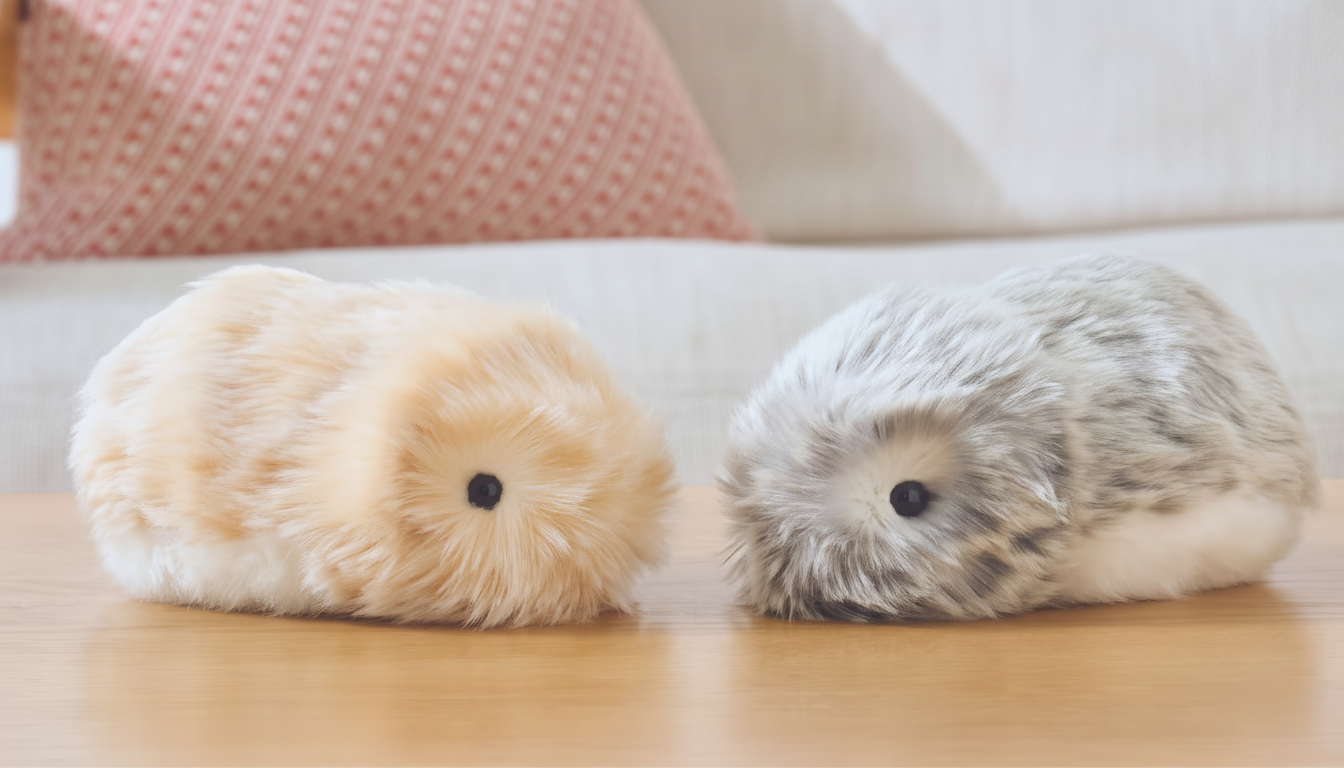 Two furry , oval -shaped robotic pets , one light brown and one grey , with small black eyes, sitting on a wooden surface . A patterned pillow and sofa are visible in the soft - focus background. Filename : furry robotic pets16 9. png