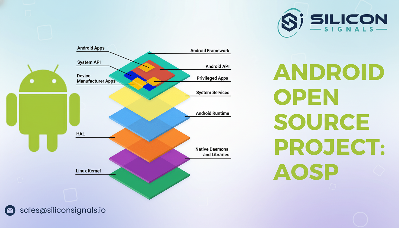 Diagram showing the layered architecture of the Android Open Source Project ( AOSP), with an Android robot icon and the Silicon Signals logo, resized