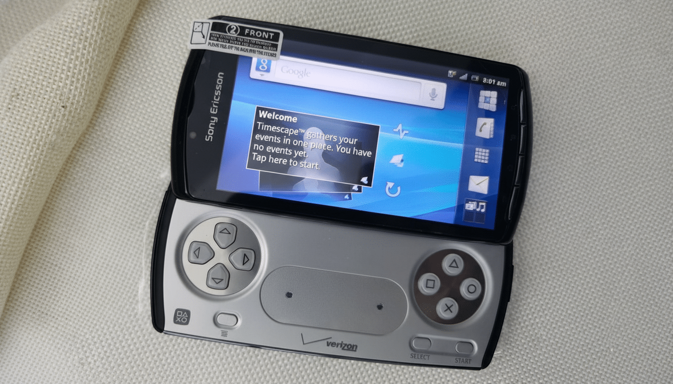 A top -down view of a Sony Ericsson Xperia Play phone with its gamepad controls slid out, resting on a textured light-colored surface . The screen displays a Welcome Times cape message and a Google search bar .