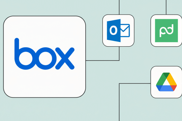 A diagram showing the Box logo connected to Microsoft Outlook, Panda Doc, and Google Drive logos, representing integrations.