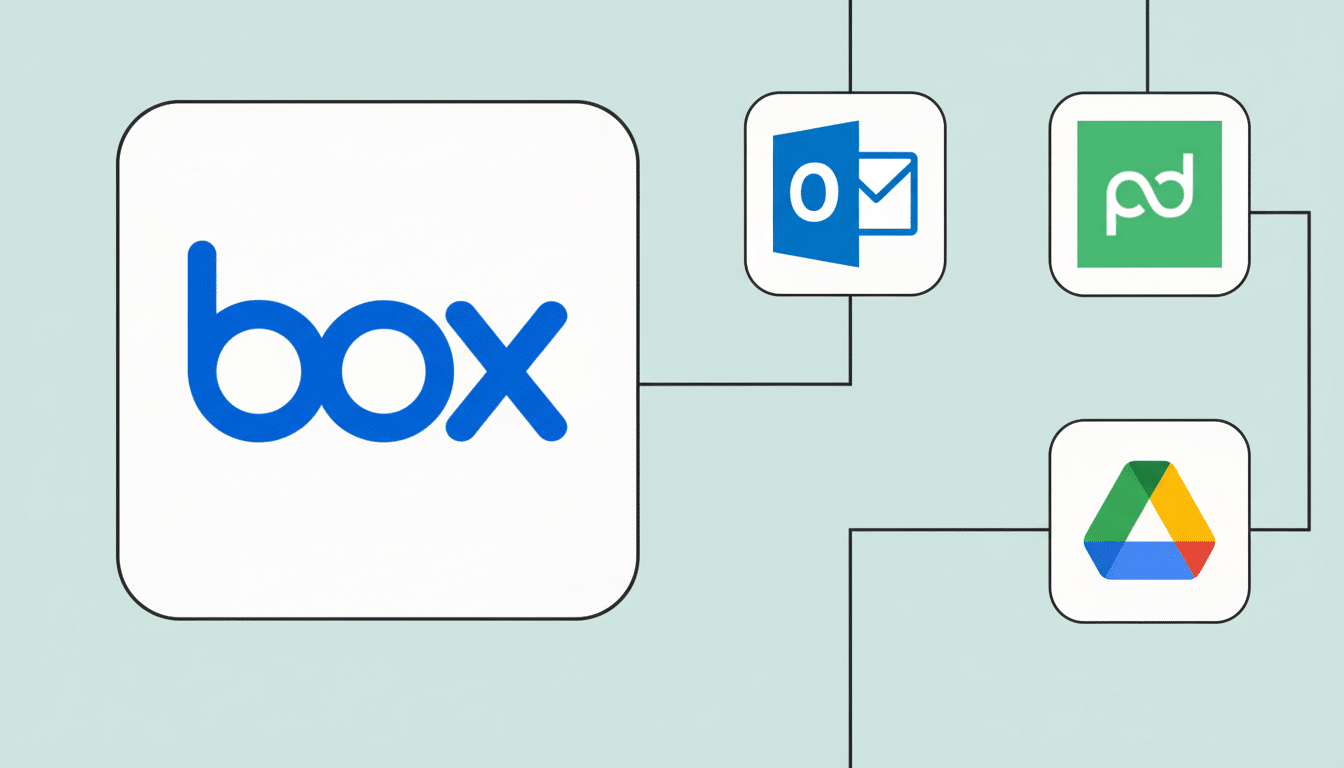A diagram showing the Box logo connected to Microsoft Outlook, Panda Doc, and Google Drive logos, representing integrations.