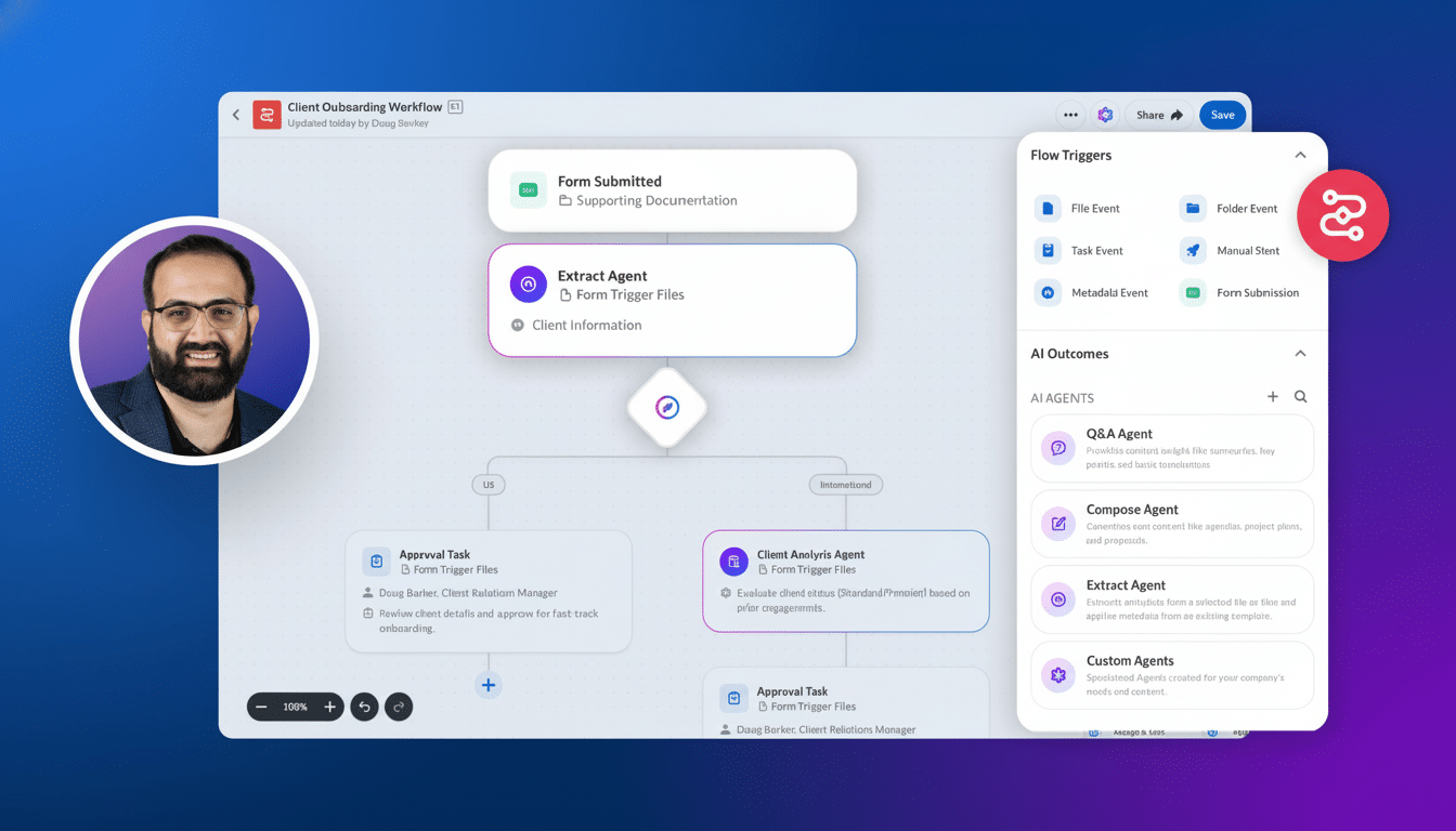 A man s face next to a digital workflow diagram on a screen.