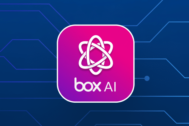 Box AI logo with a white atom- like symbol on a gradient pink and purple square, with the text box AI below it , set against a dark blue background with abstract circuit lines. Filename : boxai logo1 6x 9. png