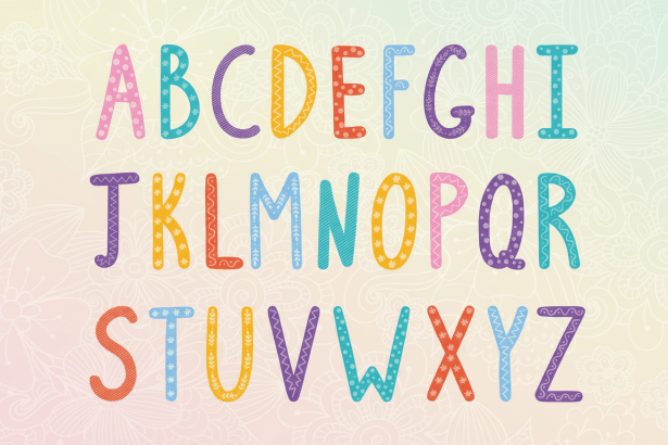 Colorful alphabet letters with various patterns on a light background with subtle floral designs , resized to a 16:9 aspect ratio.