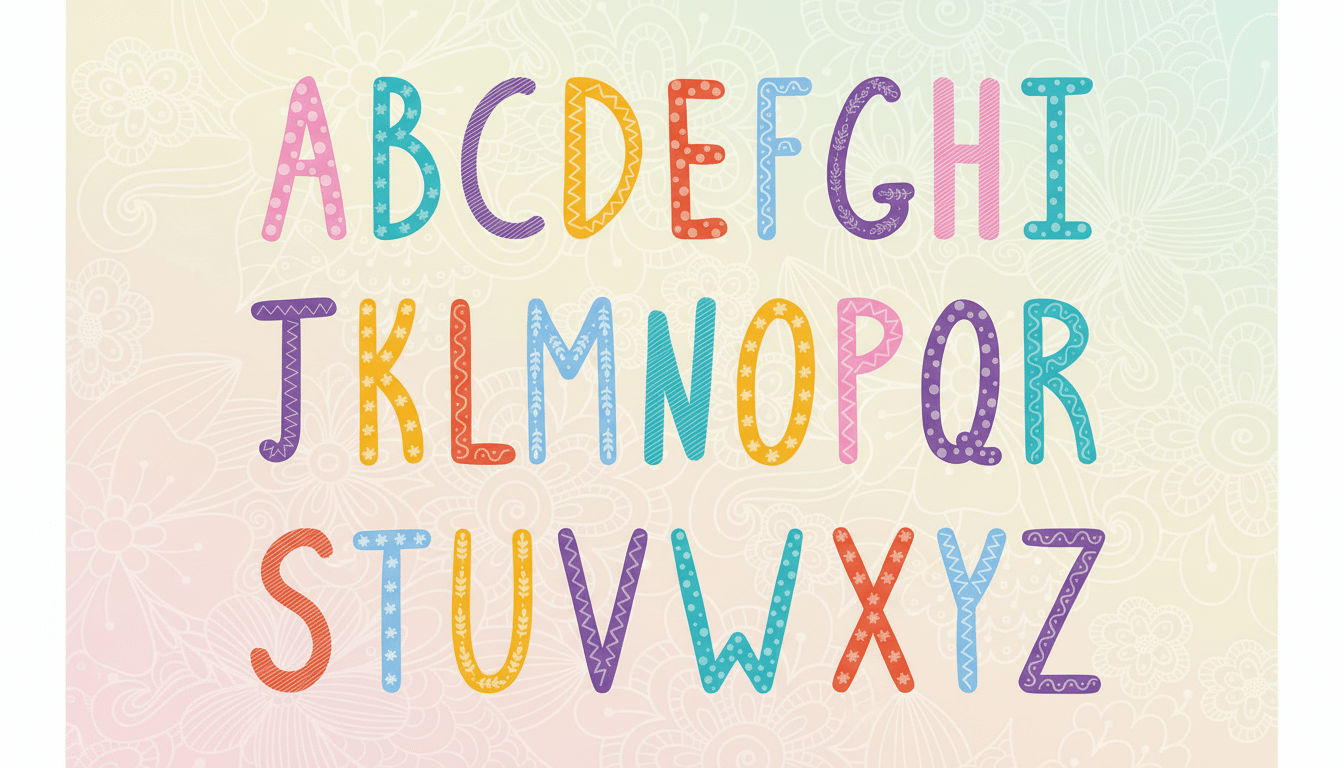 Colorful alphabet letters with various patterns on a light background with subtle floral designs , resized to a 16:9 aspect ratio.