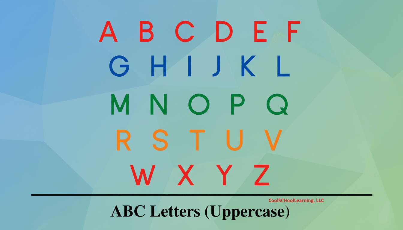 The uppercase English alphabet is displayed in five rows on a blue - green gradient background with a subtle geometric pattern. The letters A -F are red , G-L are blue, M -Q are green , R-V are orange, and W-Z are red. A black line separates the letters from the text  ABC Letters (Uppercase ) at the bottom, with CoolS cho oLL earning, LLC  in smaller red font to the right of the line.