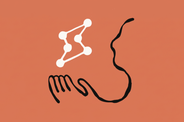 An abstract illustration with a stylized hand reaching towards a white connected - dots graphic , all against an orange background .