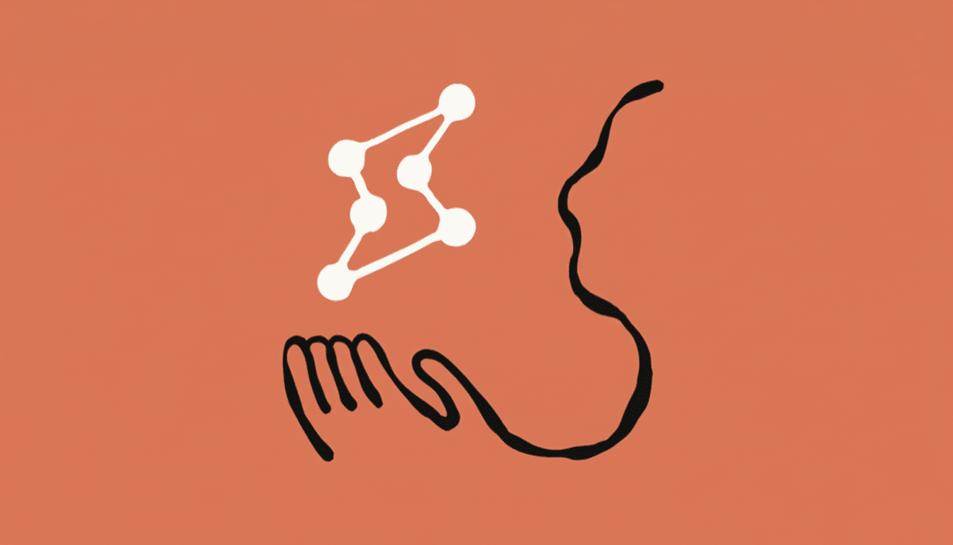 An abstract illustration with a stylized hand reaching towards a white connected - dots graphic , all against an orange background .