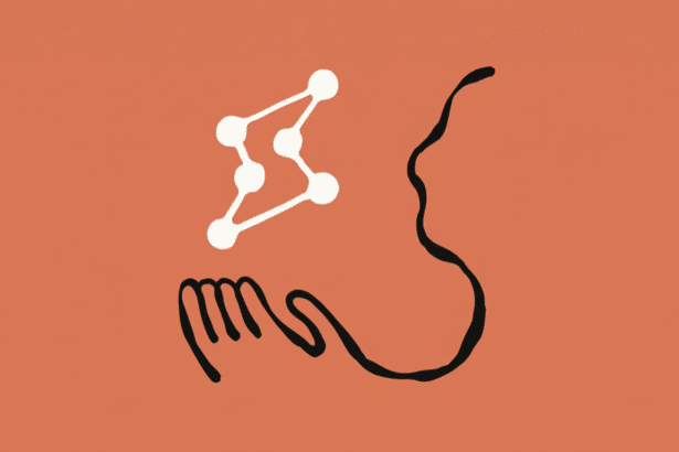 An abstract illustration with a hand- like shape , a curved line resembling a profile , and a white connected dots pattern, all on a coral background. Filename : abstractillustration coralbackground .png