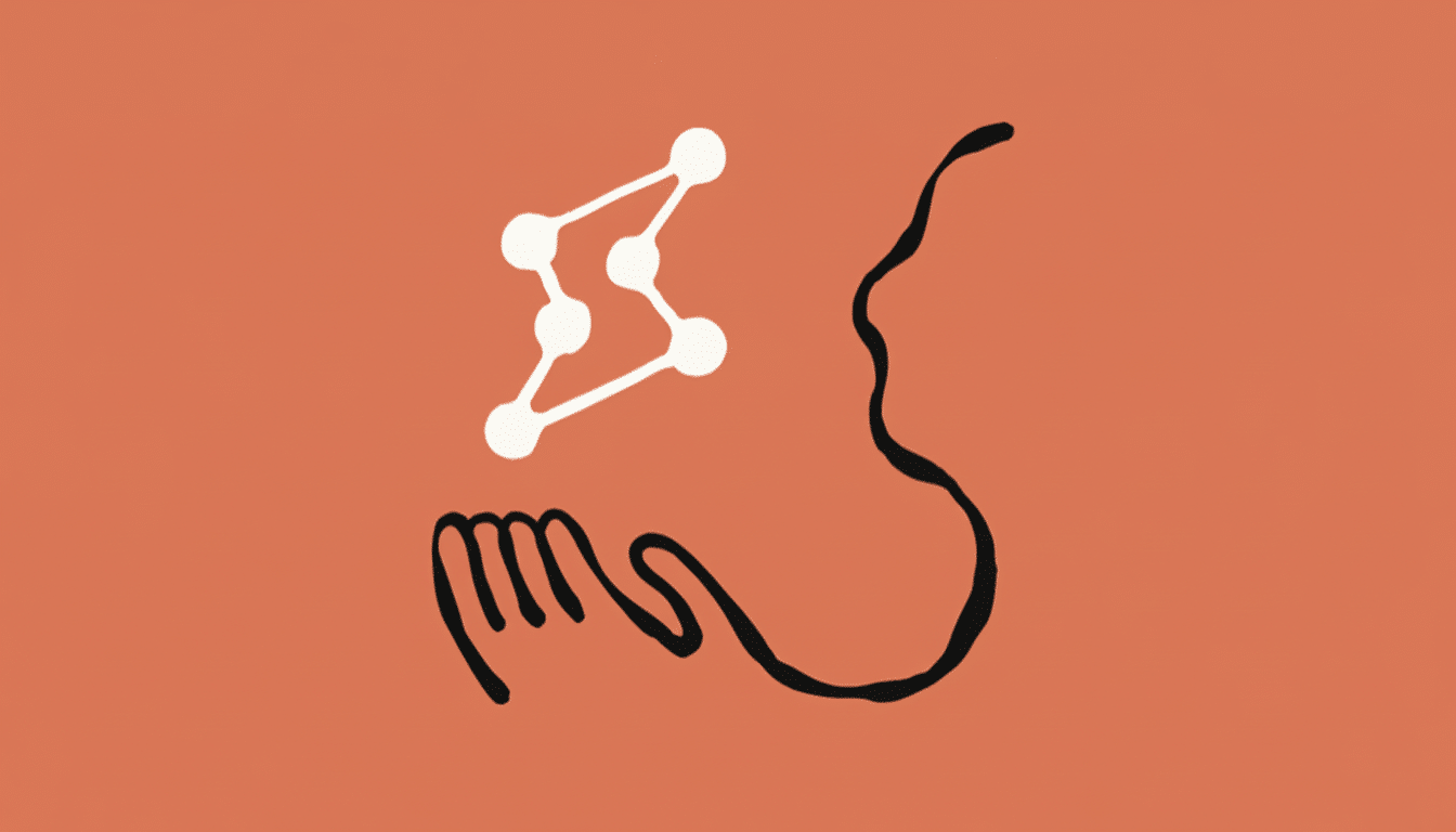 An abstract illustration with a hand- like shape , a curved line resembling a profile , and a white connected dots pattern, all on a coral background. Filename : abstractillustration coralbackground .png