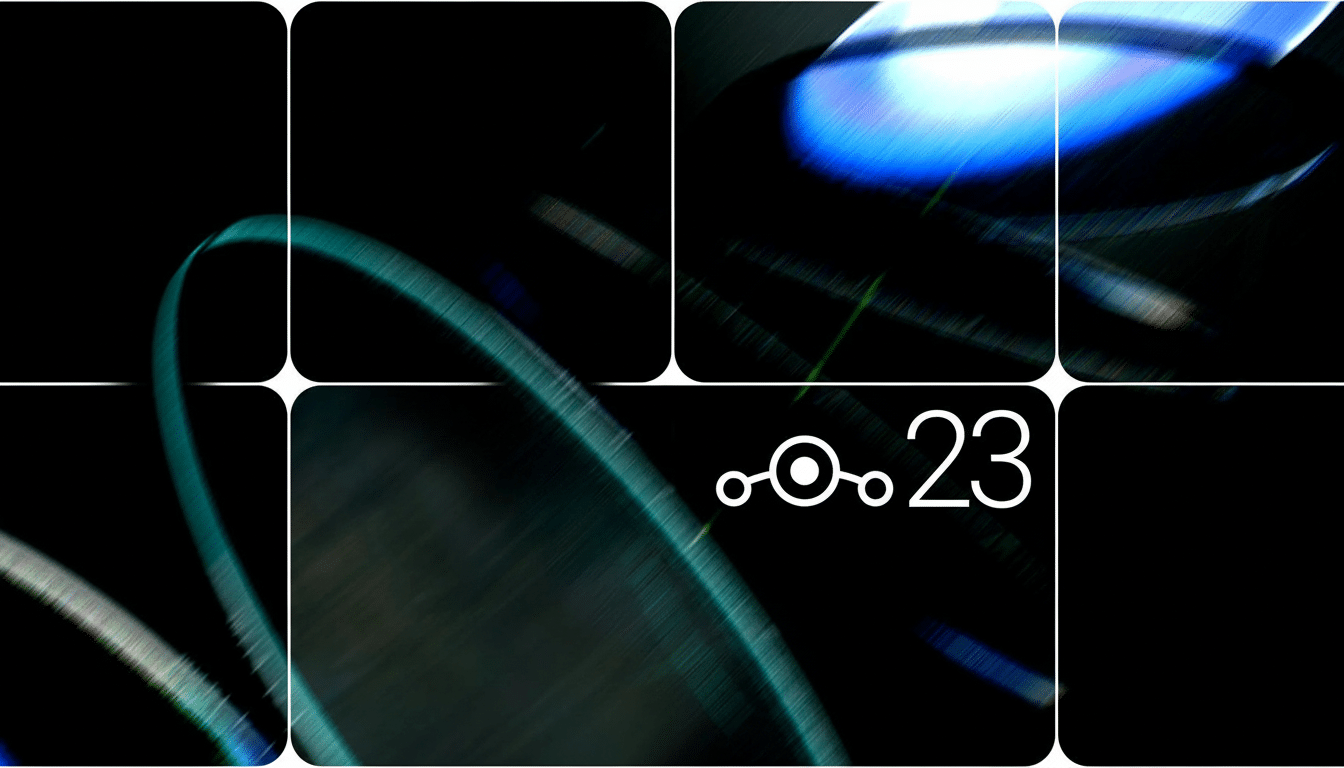 An abstract image featuring light trails and reflections in shades of blue and teal against a dark background, divided into a grid of rounded rectangles , with the text oO . 23 in white centrally placed .