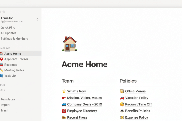 Screenshot of the Acme Home page in Notion , displaying team and policies sections .