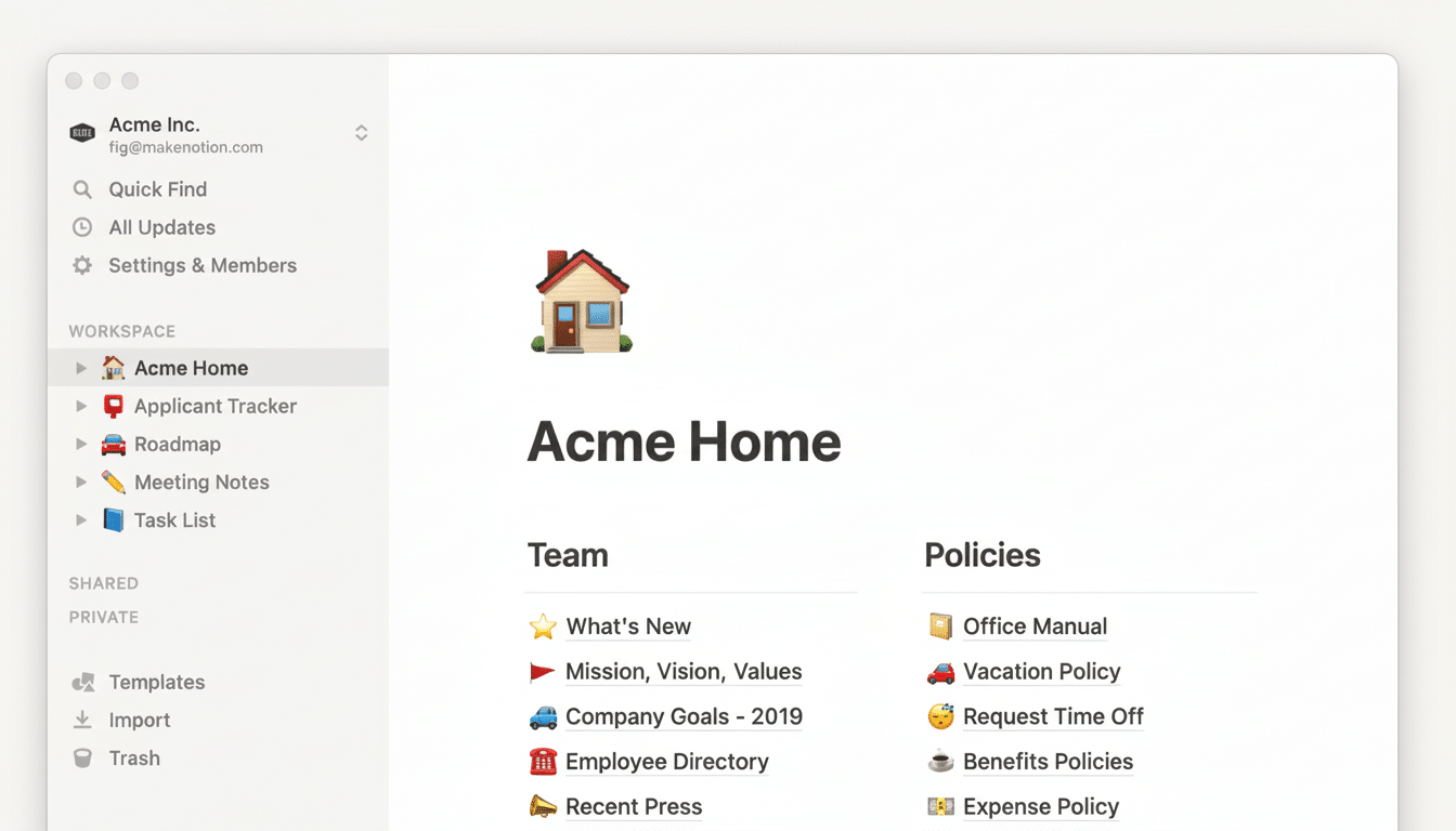 Screenshot of the Acme Home page in Notion , displaying team and policies sections .