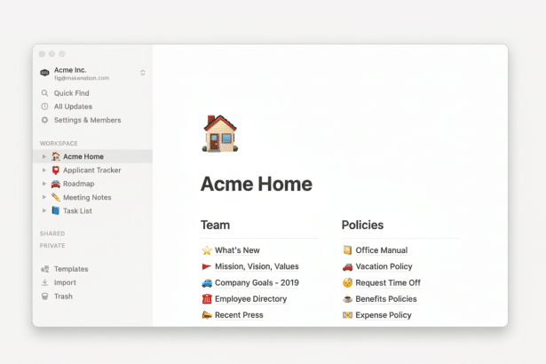 A professional screenshot of a Notion workspace for Acme Inc., displaying the Acme Home page with sections for Team and Policies. The page features a house icon and various sub -pages like Applicant Tracker, Roadmap, Office Manual, and Vacation Policy.
