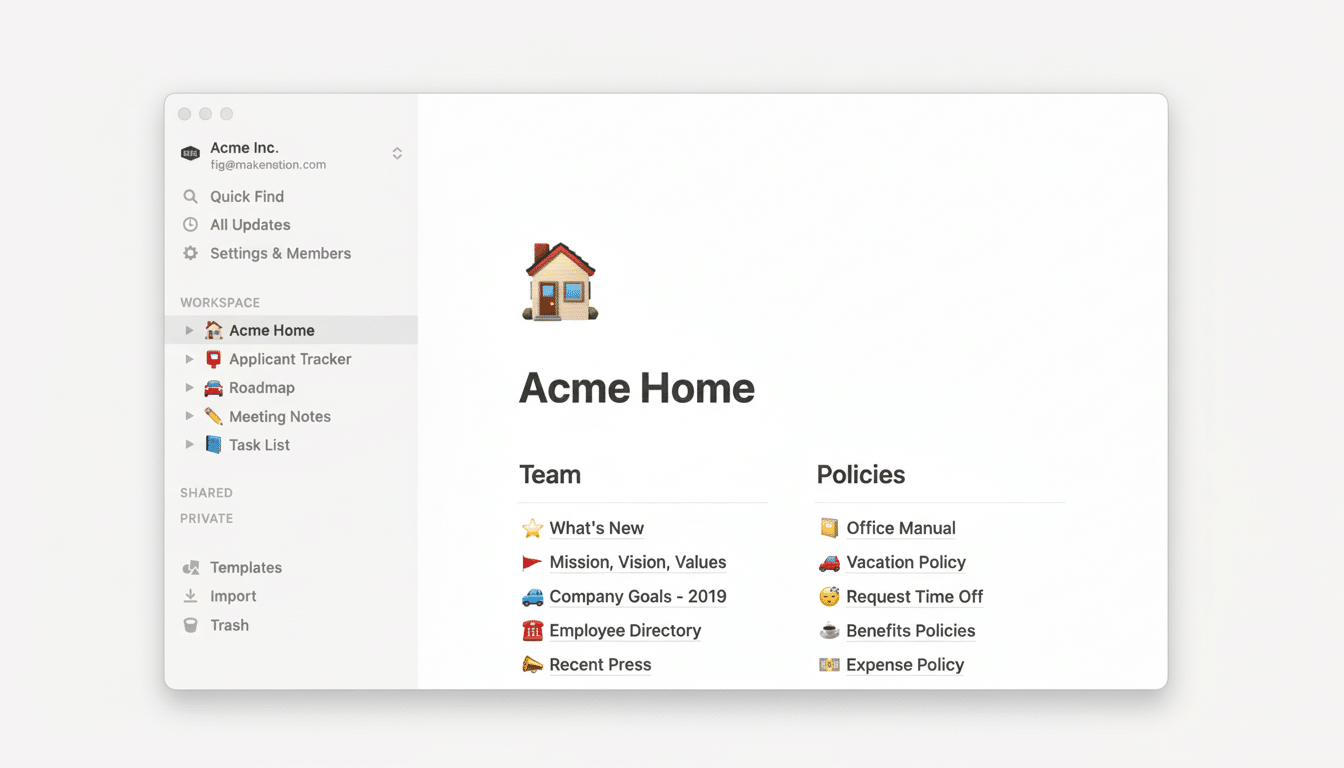A professional screenshot of a Notion workspace for Acme Inc., displaying the Acme Home page with sections for Team and Policies. The page features a house icon and various sub -pages like Applicant Tracker, Roadmap, Office Manual, and Vacation Policy.