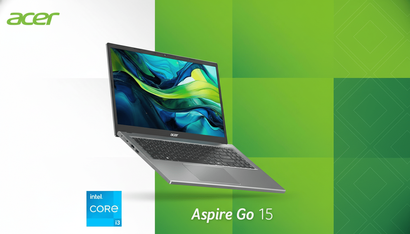 An Acer Aspire Go 15 laptop with an Intel Core i3 processor, displayed against a green and white background with subtle geometric patterns.