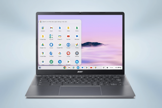 An Acer Chromebook open to its home screen with various Google apps displayed , set against a professional light blue gradient background. Filename : acerchrom ebook16 9enhanced .png