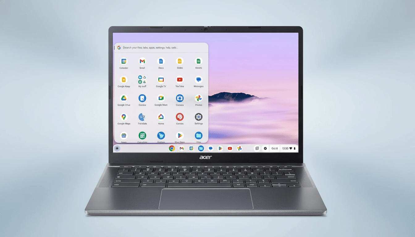 An Acer Chromebook open to its home screen with various Google apps displayed , set against a professional light blue gradient background. Filename : acerchrom ebook16 9enhanced .png
