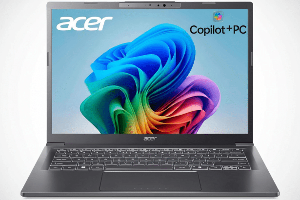 An Acer laptop with a colorful abstract wallpaper and Copilot +PC text on the screen, presented on a light gradient background. Filename : acerlaptop copilot pc.png