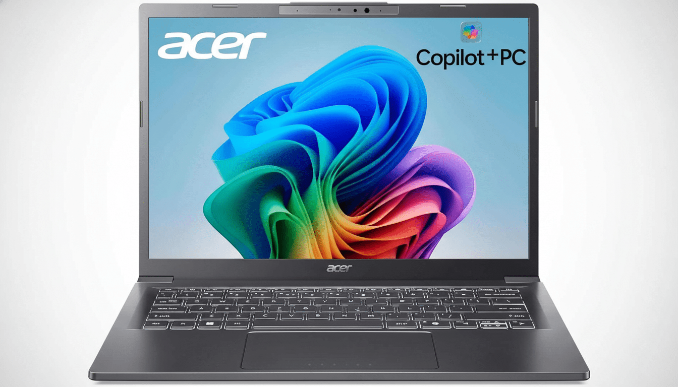 An Acer laptop with a colorful abstract wallpaper and Copilot +PC text on the screen, presented on a light gradient background. Filename : acerlaptop copilot pc.png
